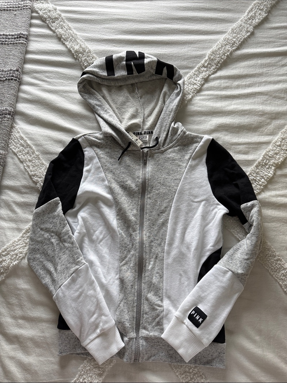 Victorias Secret PINK Colorblock Zip Hoodie - Gray, White & Black